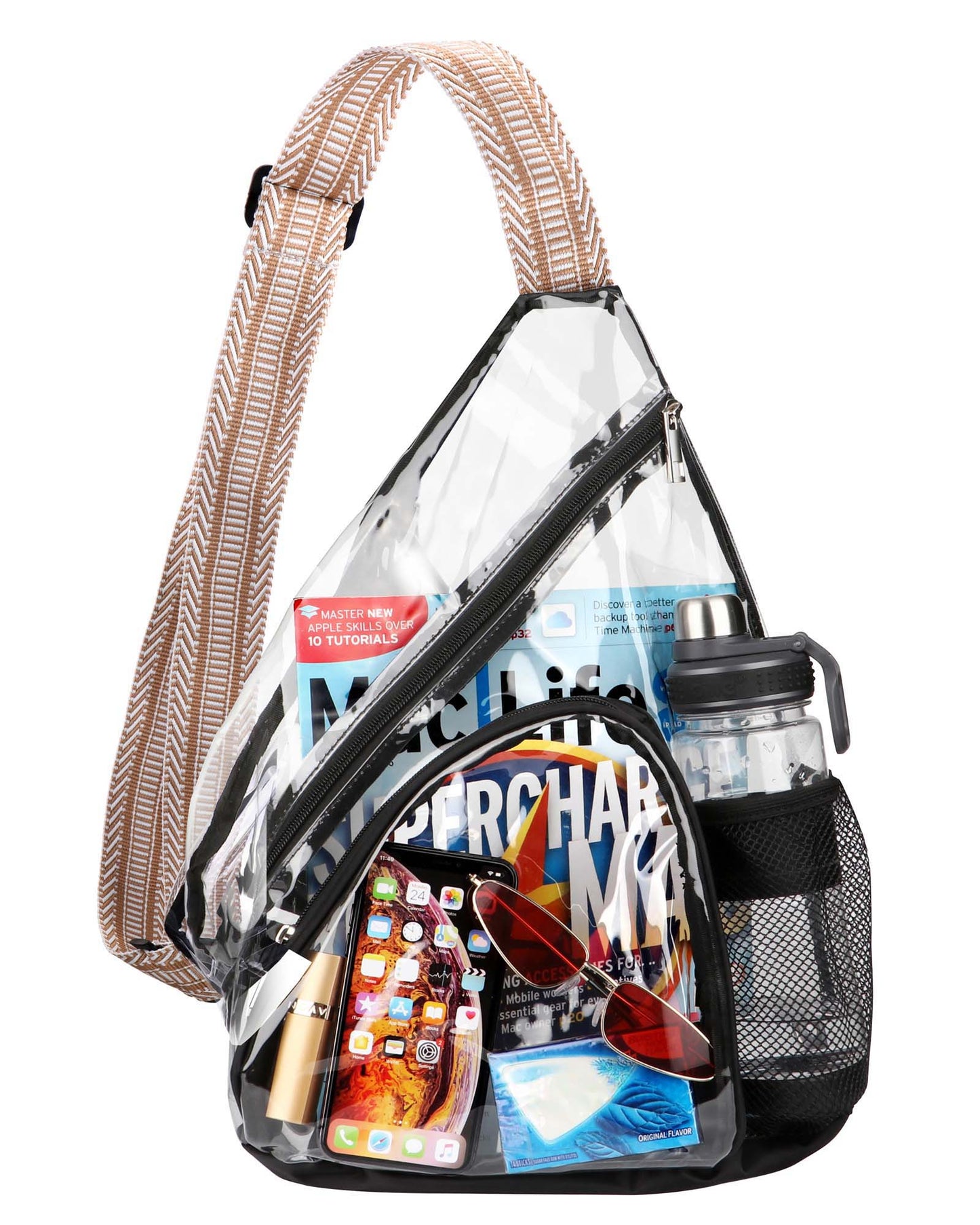 HULISEN Clear Sling Bag - with Extra Front Pocket & Water Bottle Holder