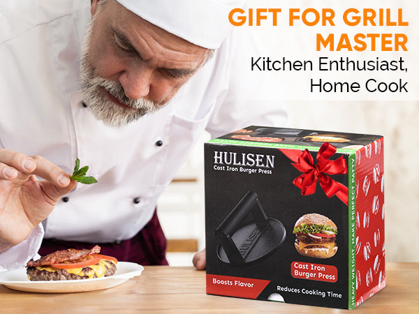 HULISEN 6-Inch / 8.8-Inch Pre-Seasoned Cast Iron Burger Press - Heavy Duty Grill Press with Heat Resistant Handle