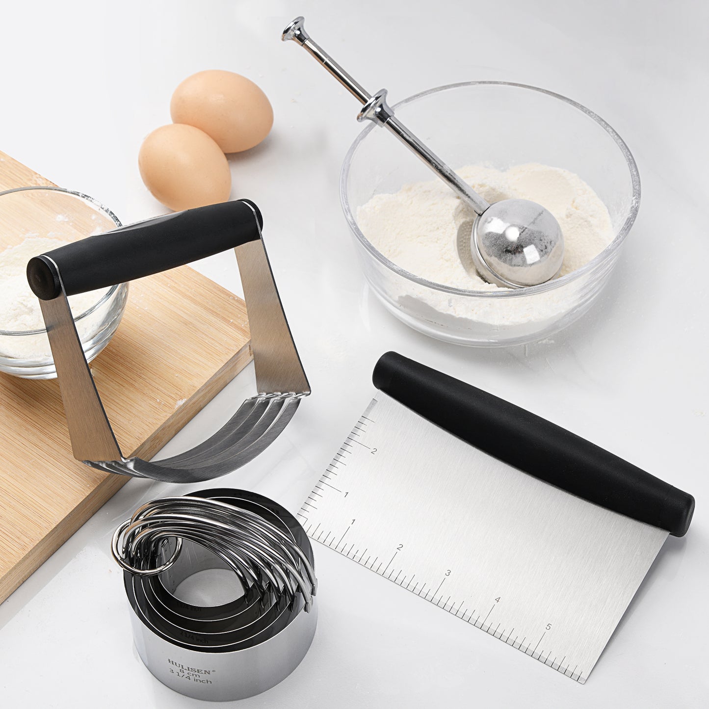 HULISEN Stainless Steel Baking Tool Set - Pastry Scraper & Dough Blender & Flour Duster & 5-Piece Biscuit Cutter