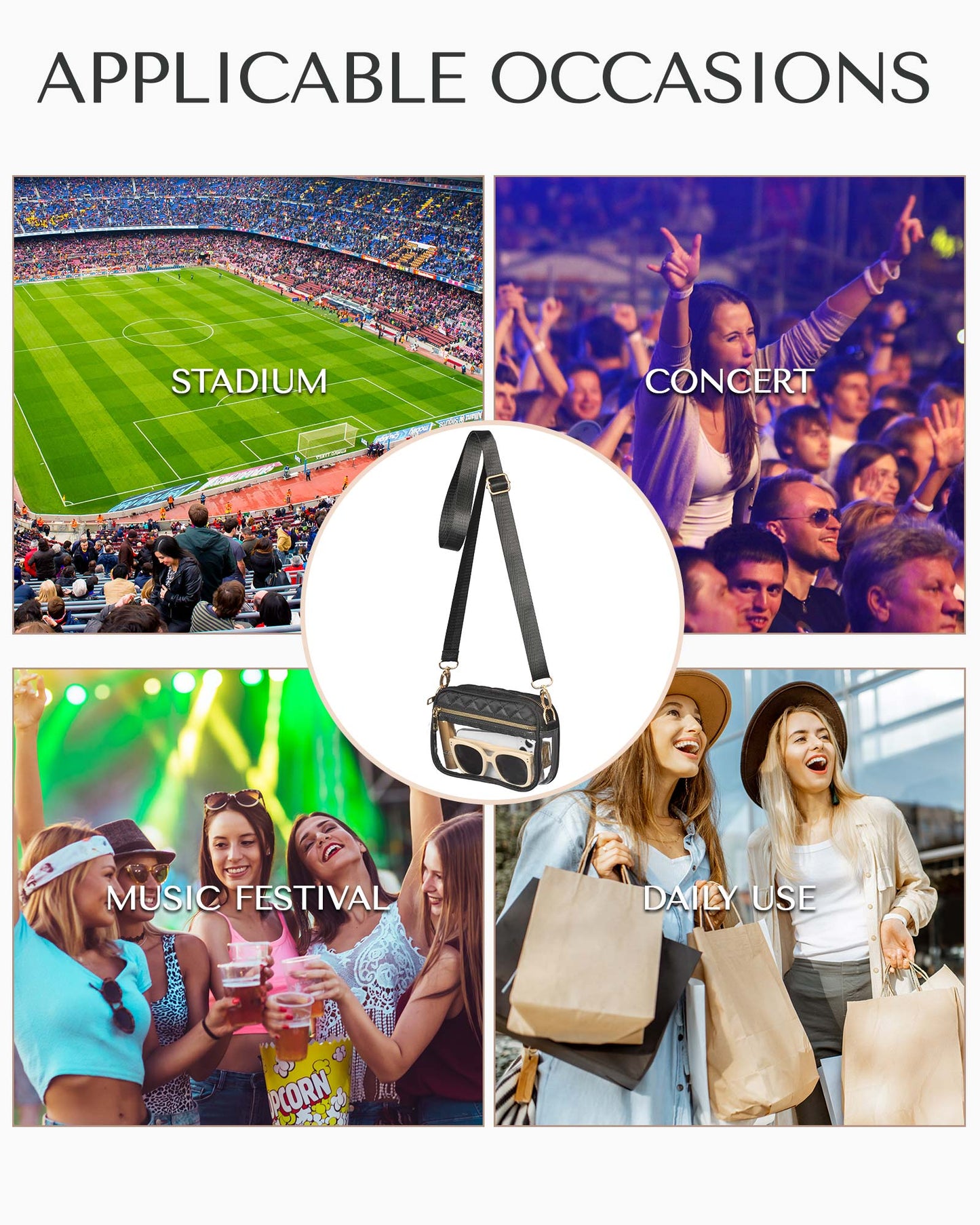 HULISEN Quilted Clear Bag for Stadium Events - with Extra Front Pocket & Adjustable Strap & Gold Zipper