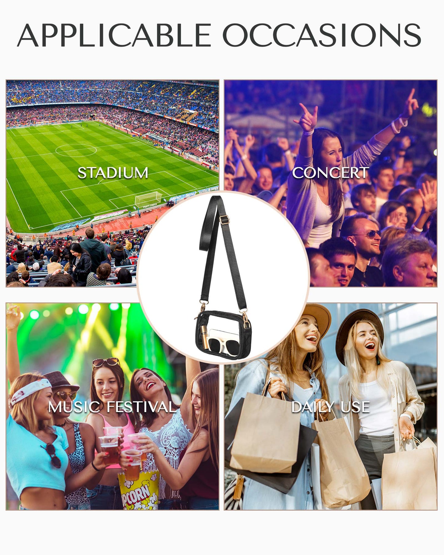 HULISEN Quilted Clear Bag for Stadium Events - with Adjustable Strap & Gold Zipper