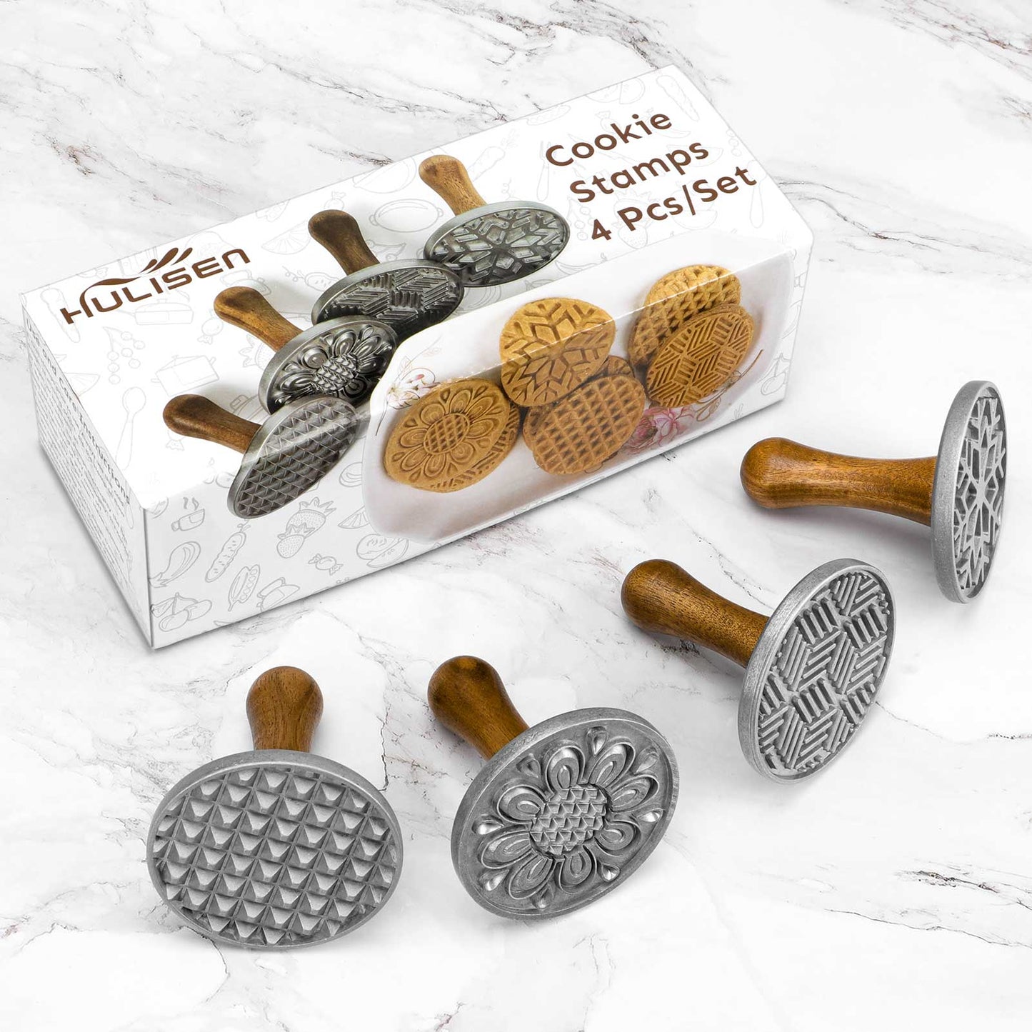 HULISEN Cookie Stamps Set of 4 - Metal Cookie Press Mold with Wooden Handle