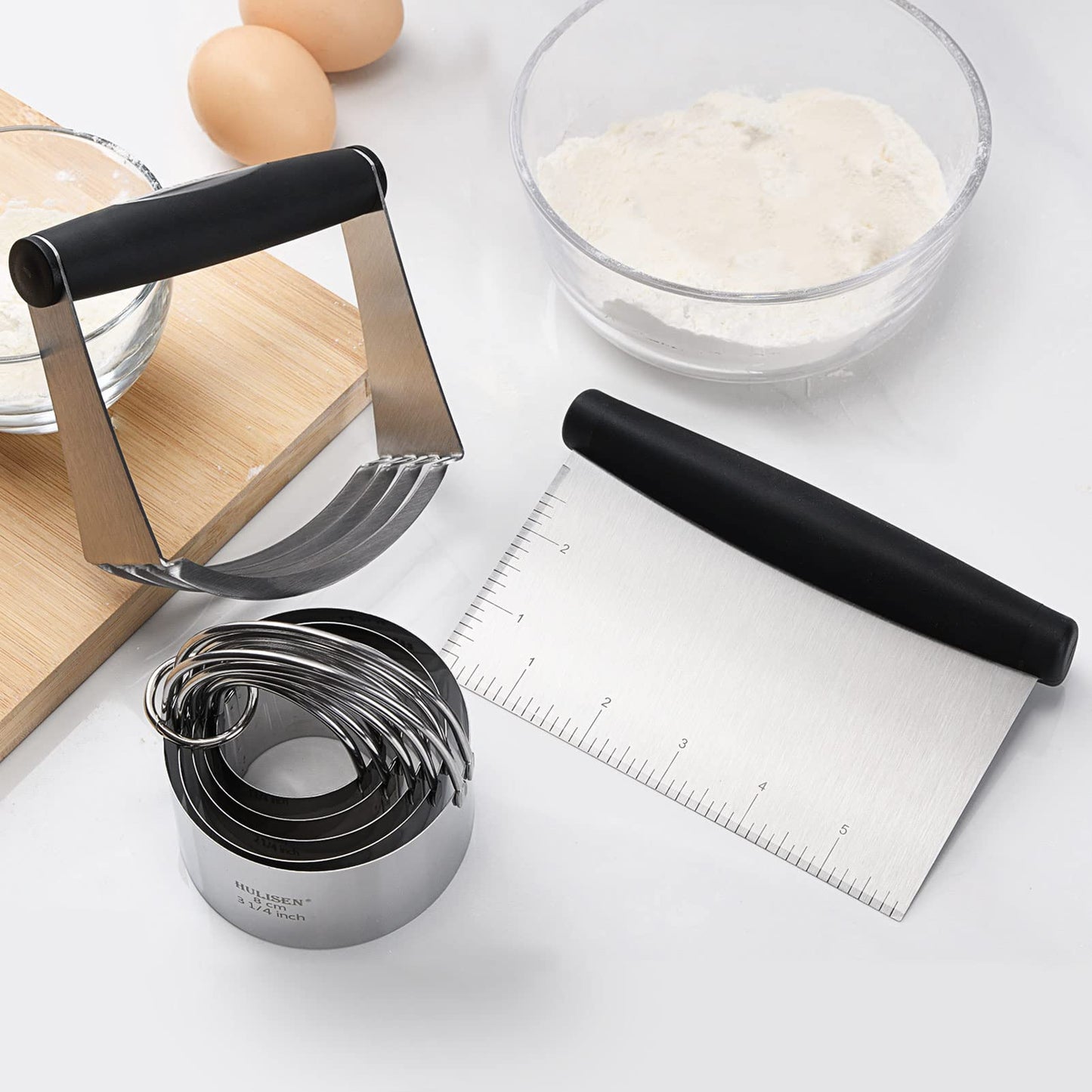 HULISEN Stainless Steel Baking Tool Set - Pastry Scraper & Dough Blender & 5-Piece Biscuit Cutter