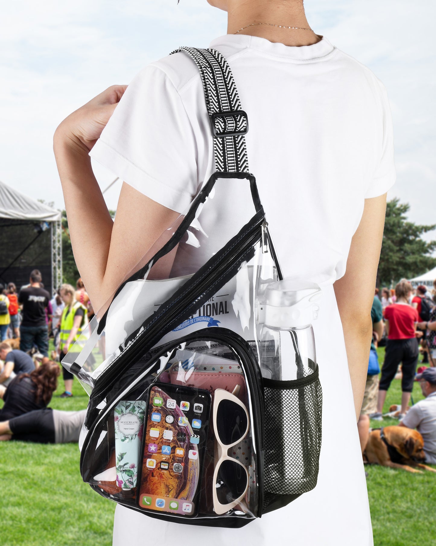 HULISEN Clear Sling Bag - with Extra Front Pocket & Water Bottle Holder