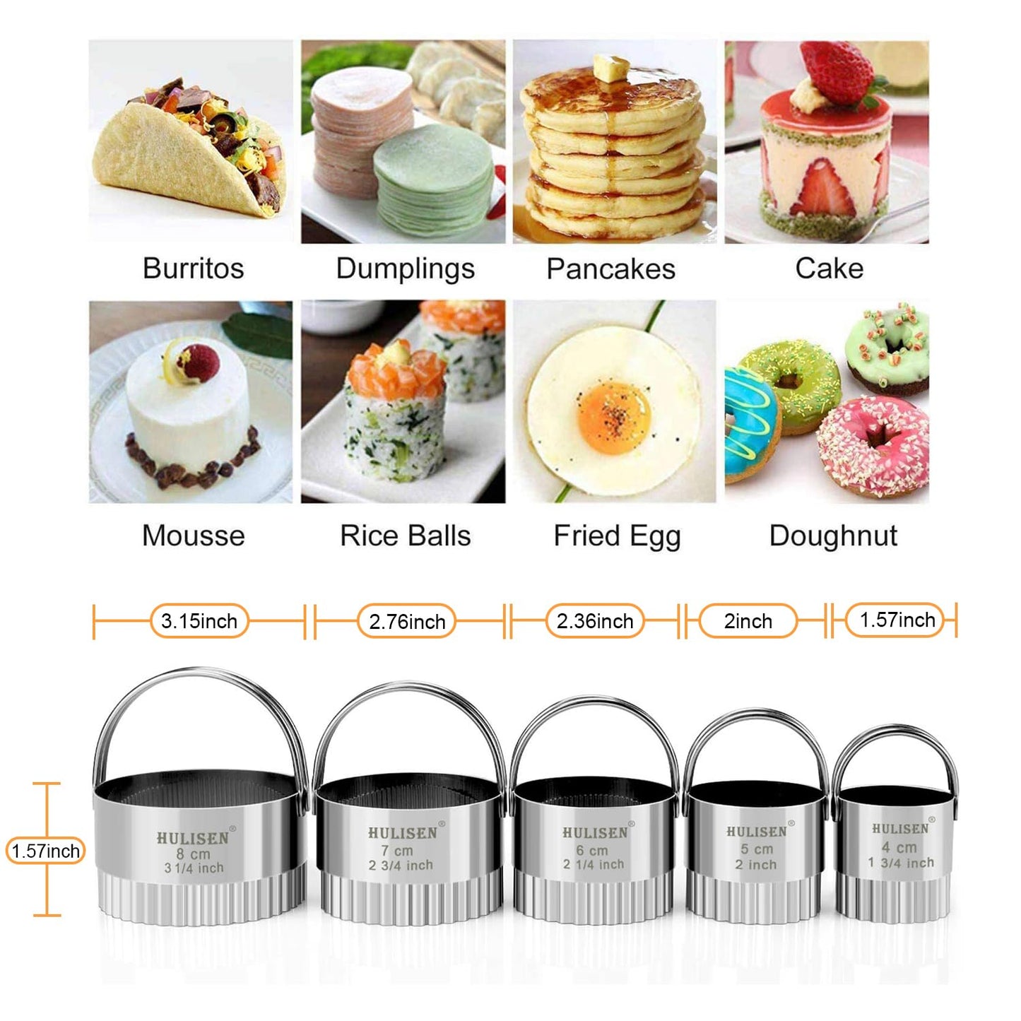 HULISEN Fluted Round Cookie Cutter Set - 5 Pieces, Stainless Steel Biscuit Cutters with Handle