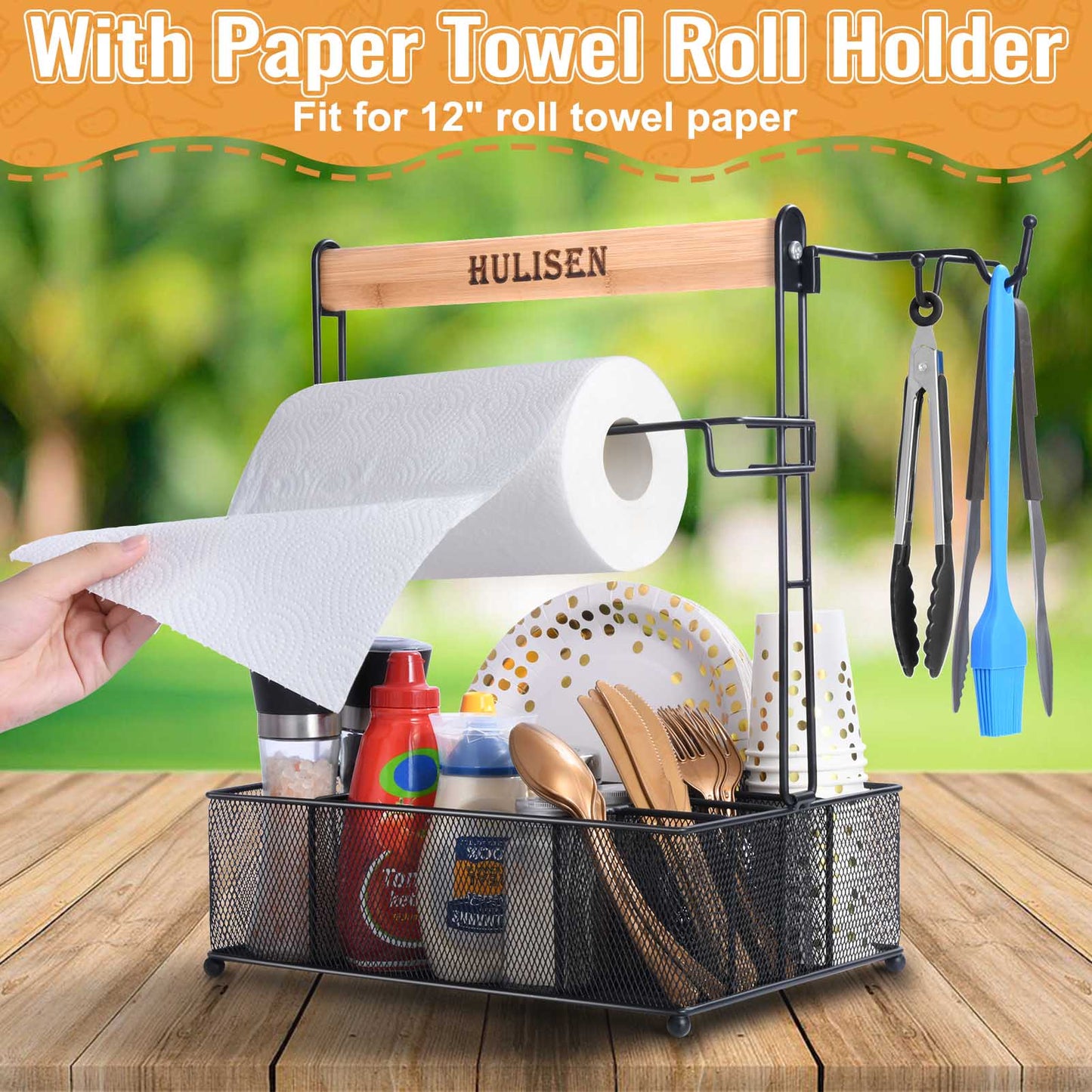 HULISEN Grill Caddy with Paper Towel Holder - BBQ Utensil and Condiment Organizer for Outdoor Cooking and Camping