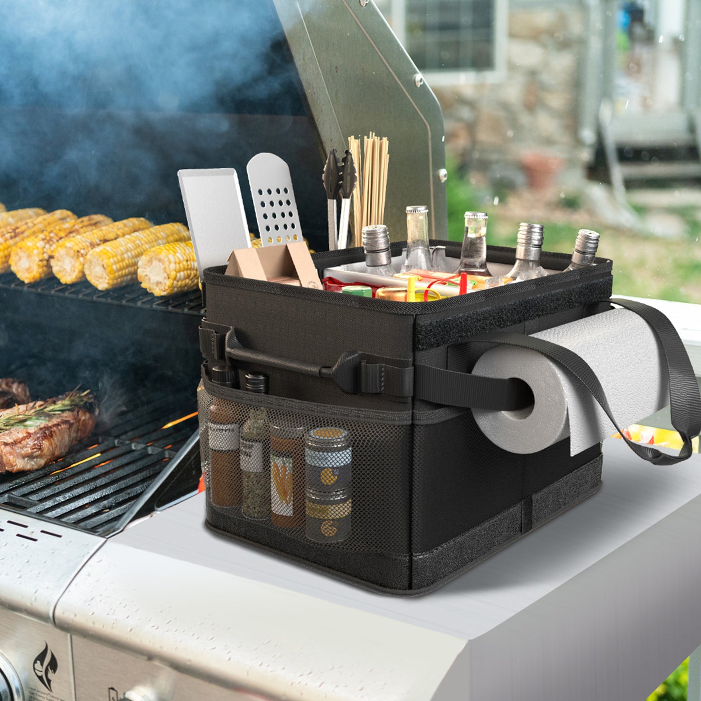 HULISEN Large Grill Caddy with Lid and Paper Towel Holder - BBQ Picnic Caddy for Camping & Travel