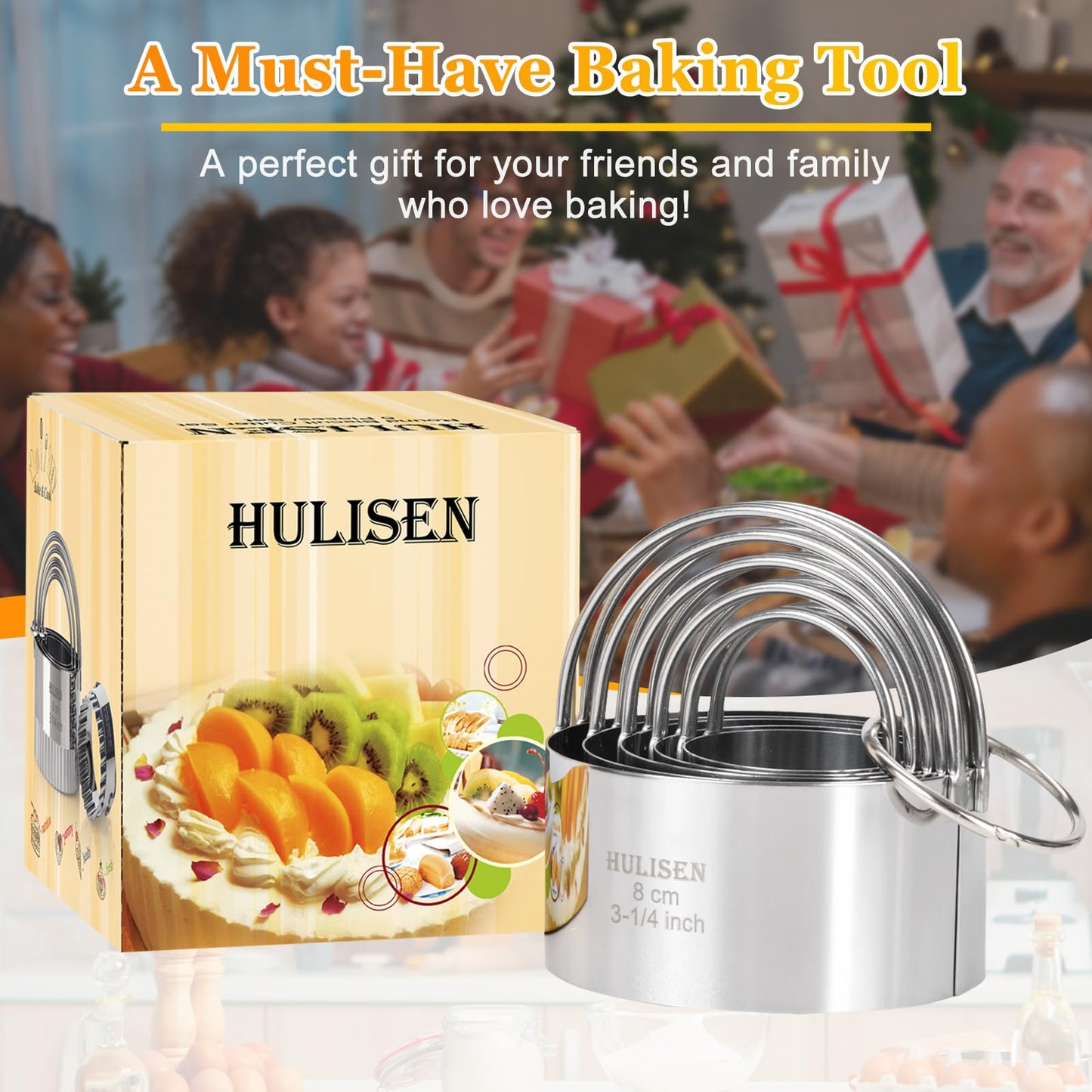 HULISEN Round Cookie Cutter Set - 5 Pieces, Stainless Steel Biscuit Cutters with Handle