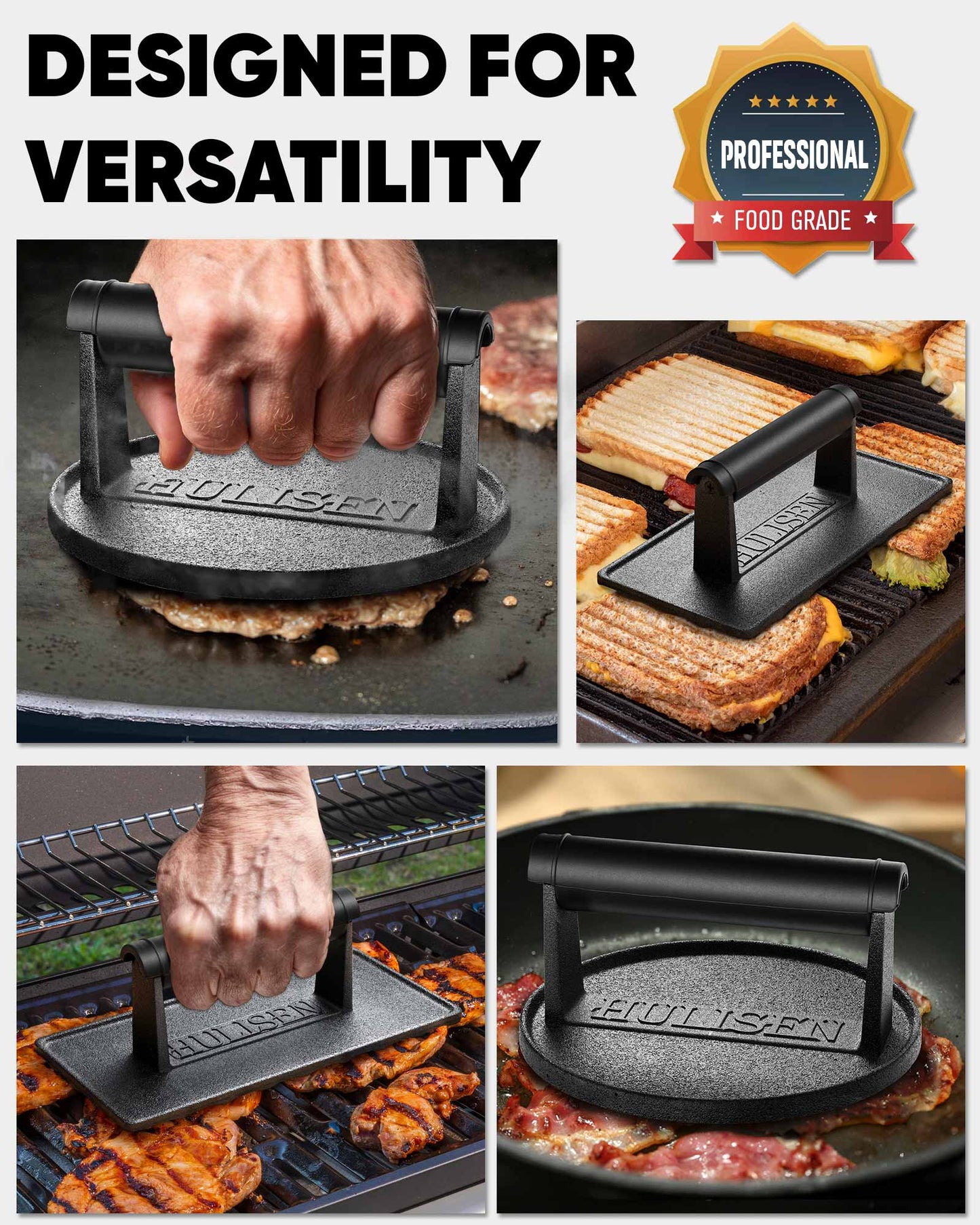 HULISEN 6-Inch / 8.8-Inch Pre-Seasoned Cast Iron Burger Press - Heavy Duty Grill Press with Heat Resistant Handle