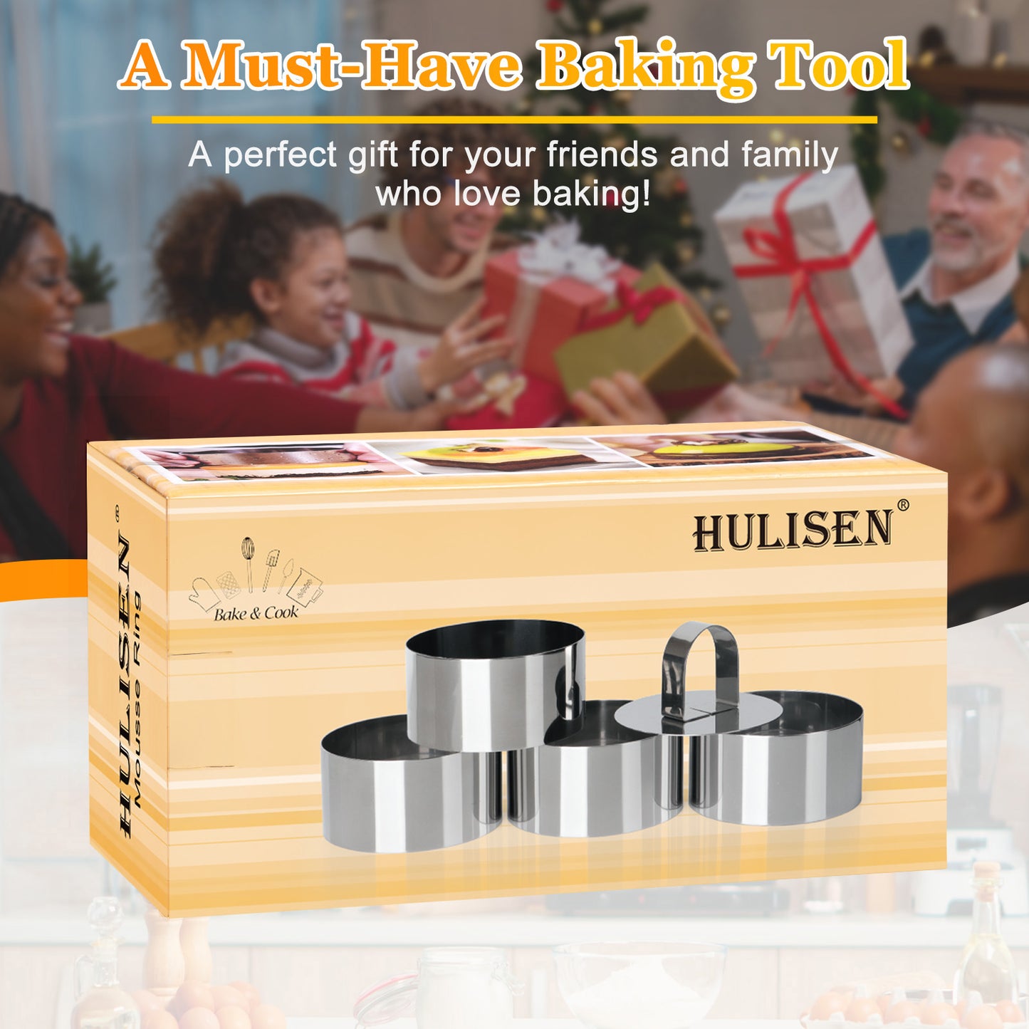HULISEN 3-Inch Round Cake Ring Mold - 4 Rings & 1 Pusher
