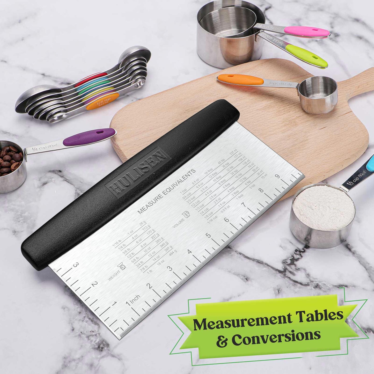 HULISEN 10-Inch Bench Scraper for Baking - Large Stainless Steel Dough and Pastry Scraper