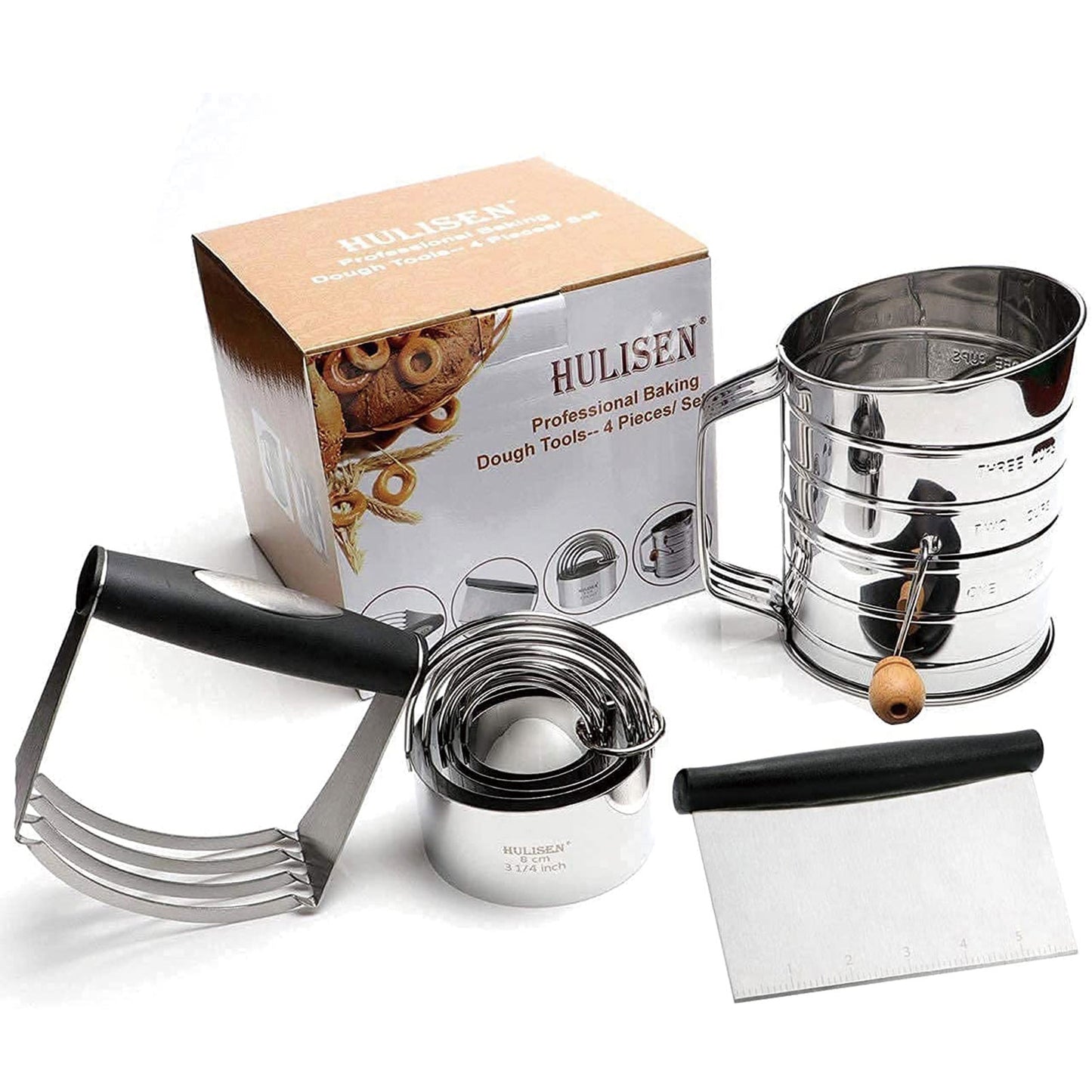 HULISEN Stainless Steel Baking Tool Set - Pastry Scraper & Dough Blender & 3 Cup Flour Sifter & 5-Piece Biscuit Cutter