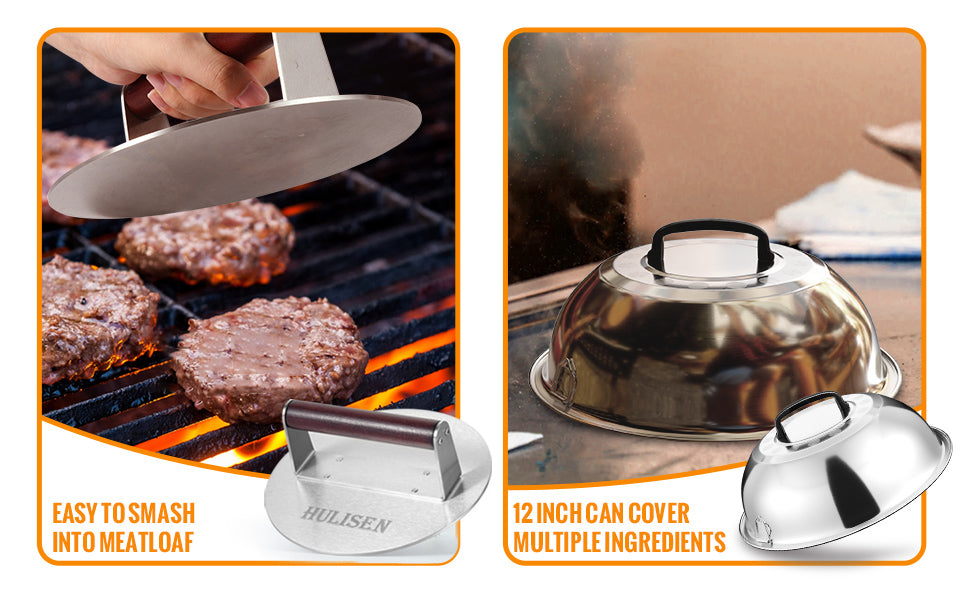 HULISEN 8.5-Inch Burger Press & Melting Dome Set - Griddle Accessories Kit for Indoor/Outdoor Cooking