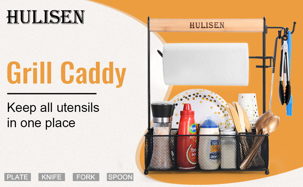 HULISEN Grill Caddy with Paper Towel Holder - BBQ Utensil and Condiment Organizer for Outdoor Cooking and Camping