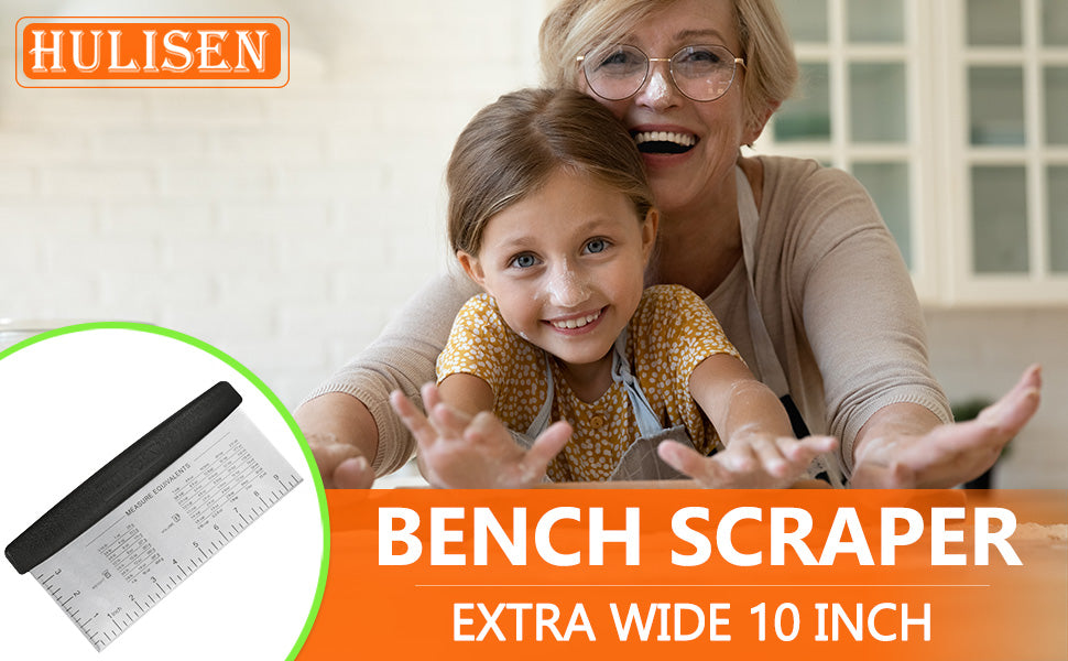 HULISEN 10-Inch Bench Scraper for Baking - Large Stainless Steel Dough and Pastry Scraper