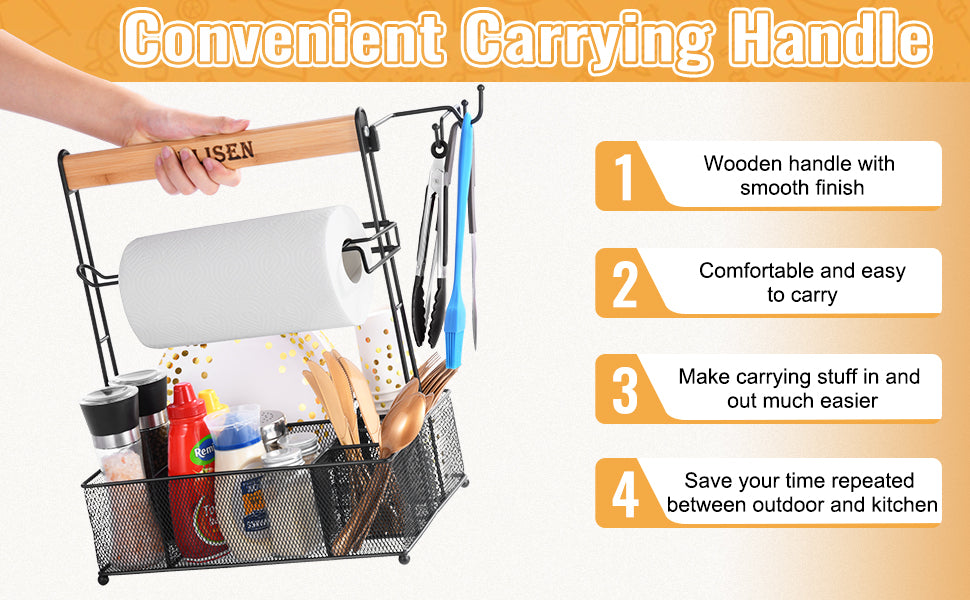 HULISEN Grill Caddy with Paper Towel Holder - BBQ Utensil and Condiment Organizer for Outdoor Cooking and Camping