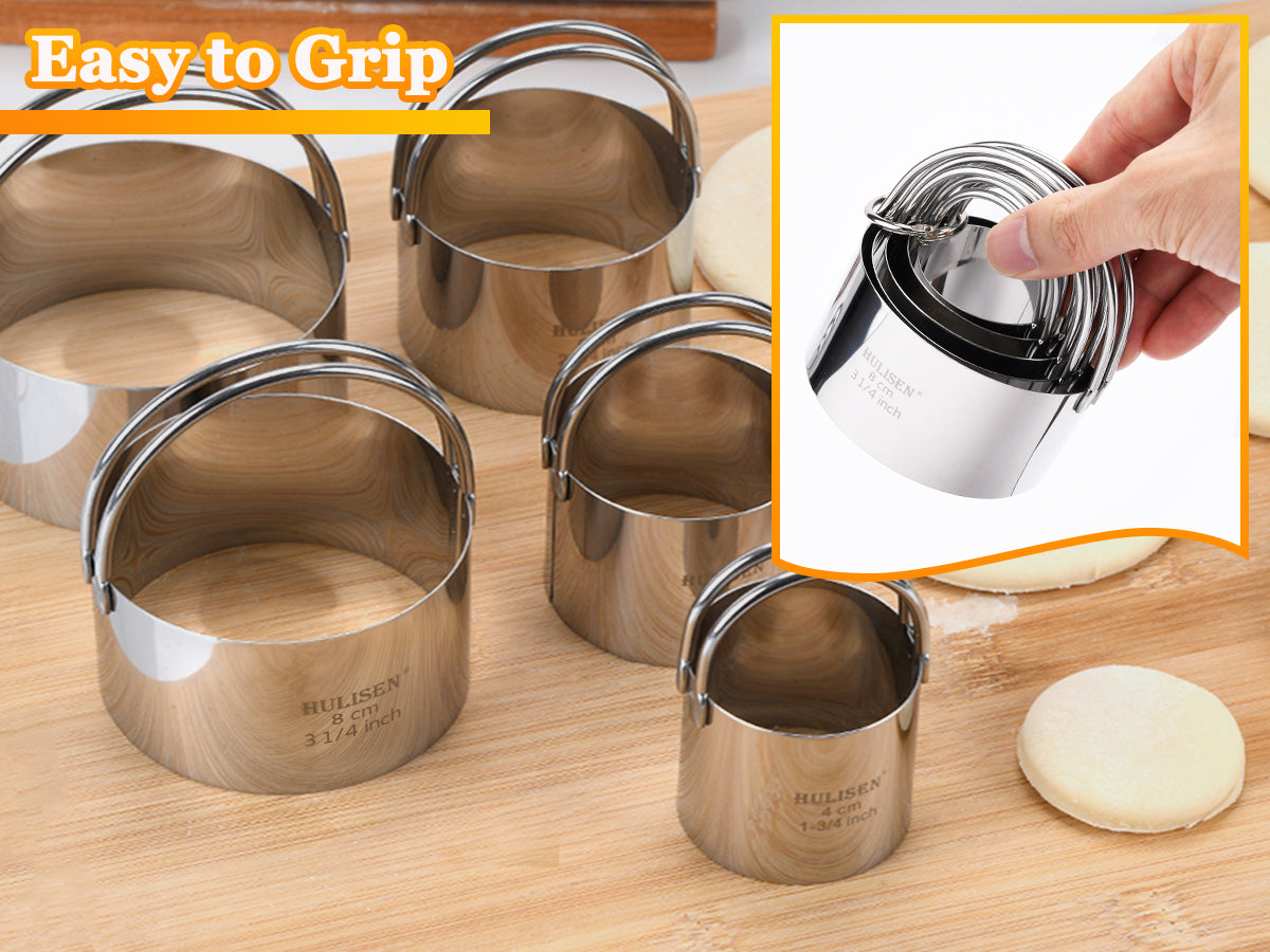 HULISEN Round Cookie Cutter Set - 5 Pieces, Stainless Steel Biscuit Cutters with Handle