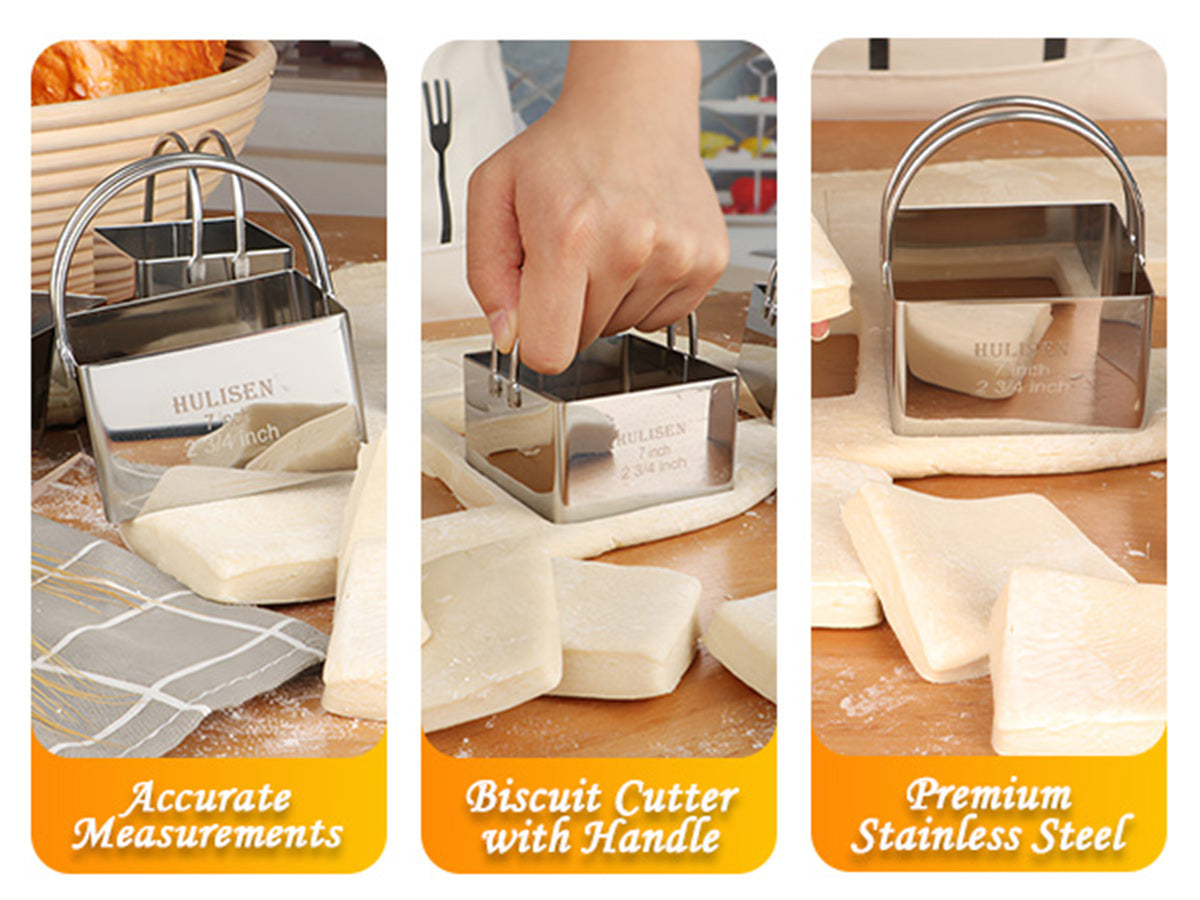 HULISEN Square Cookie Cutter Set - 4 Pieces, Stainless Steel Biscuit Cutters with Handle