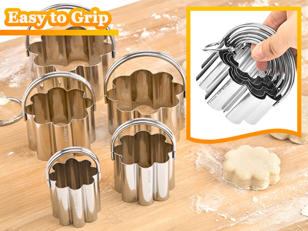 HULISEN Flower Cookie Cutter Set - 5 Pieces, Stainless Steel Biscuit Cutters with Handle