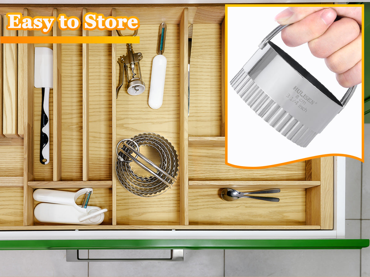 HULISEN Fluted Round Cookie Cutter Set - 5 Pieces, Stainless Steel Biscuit Cutters with Handle