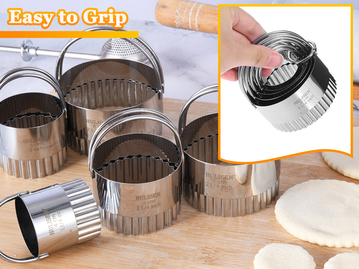 HULISEN Fluted Round Cookie Cutter Set - 5 Pieces, Stainless Steel Biscuit Cutters with Handle