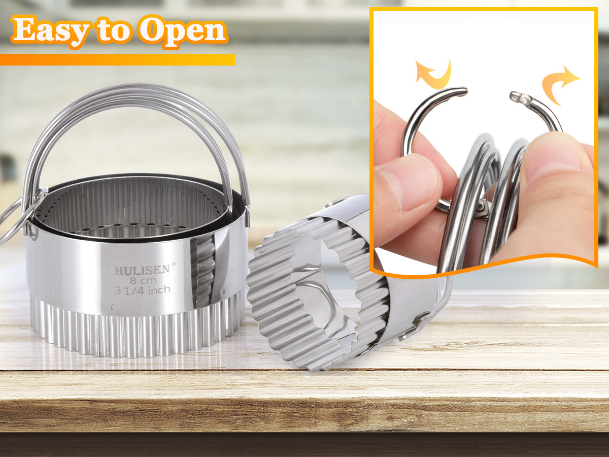 HULISEN Fluted Round Cookie Cutter Set - 5 Pieces, Stainless Steel Biscuit Cutters with Handle