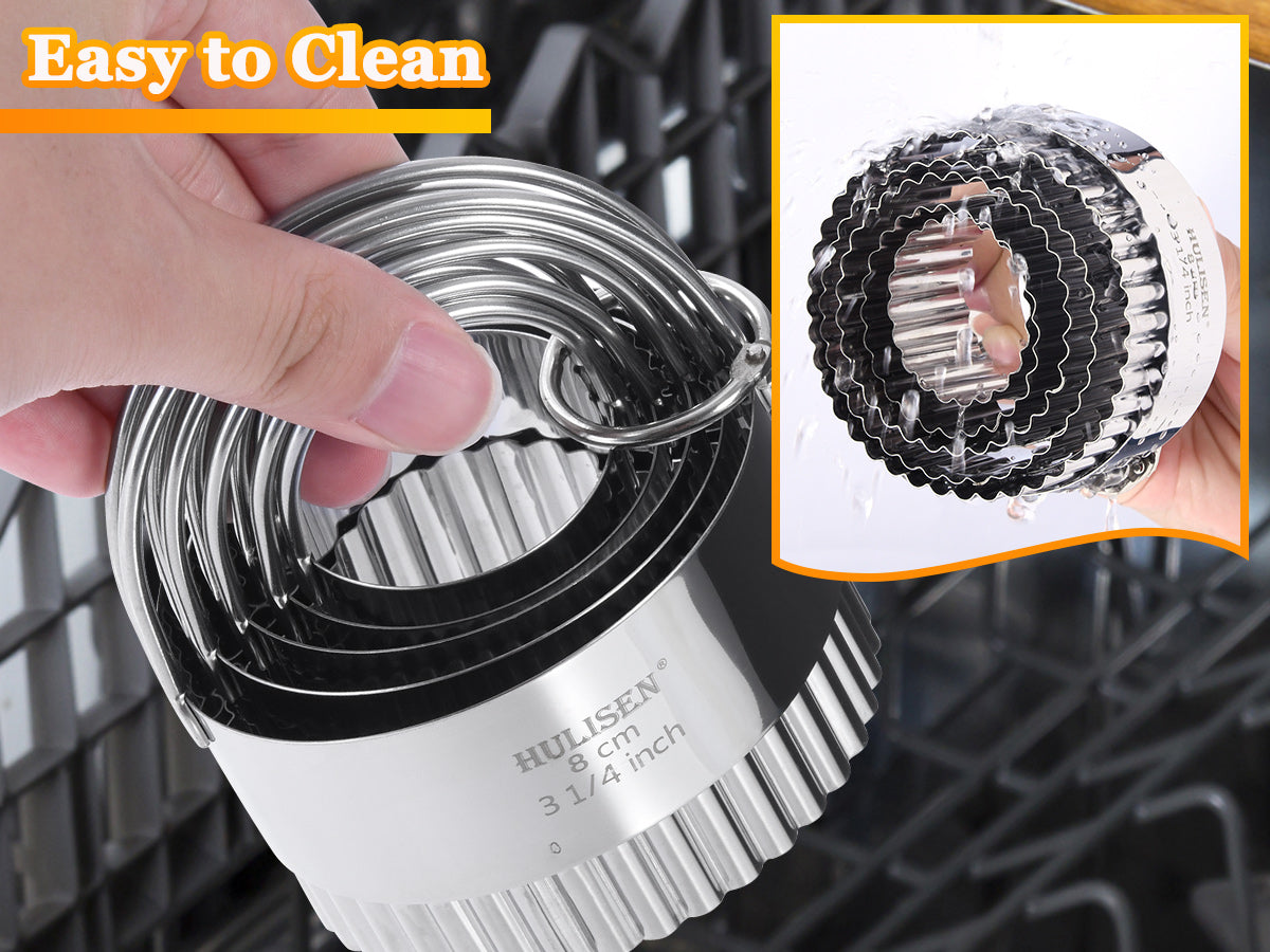 HULISEN Fluted Round Cookie Cutter Set - 5 Pieces, Stainless Steel Biscuit Cutters with Handle
