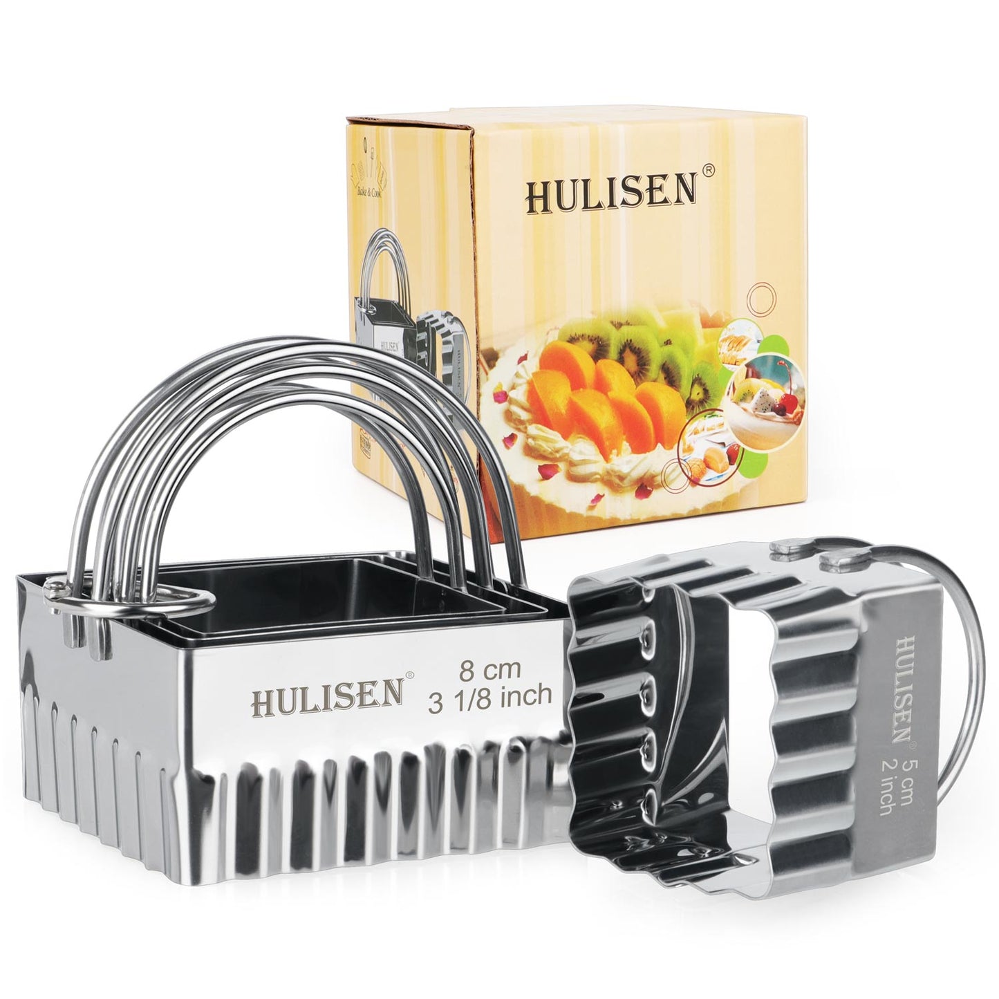 HULISEN Ripple Square Cookie Cutter Set - 4 Pieces, Stainless Steel Biscuit Cutters with Handle