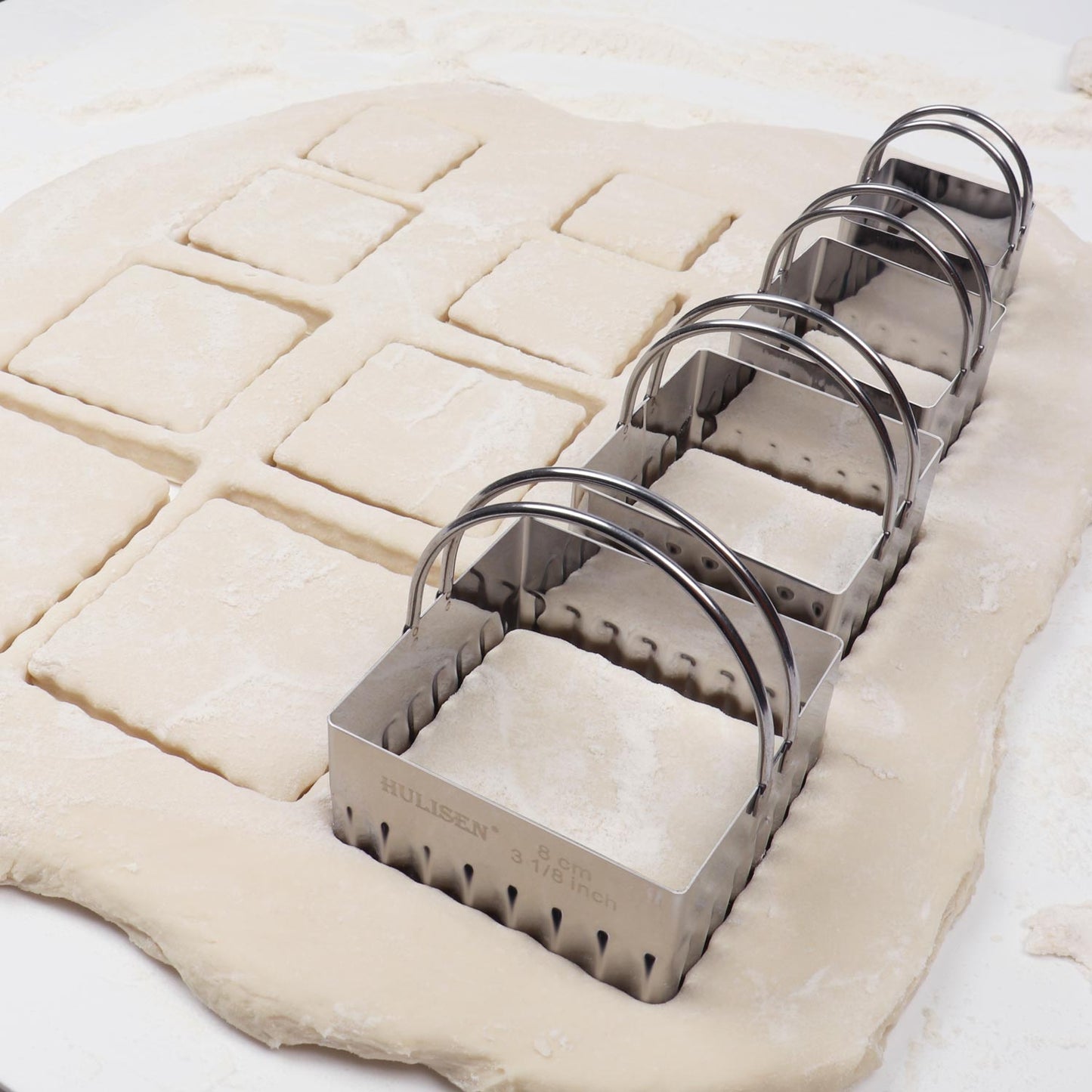 HULISEN Ripple Square Cookie Cutter Set - 4 Pieces, Stainless Steel Biscuit Cutters with Handle