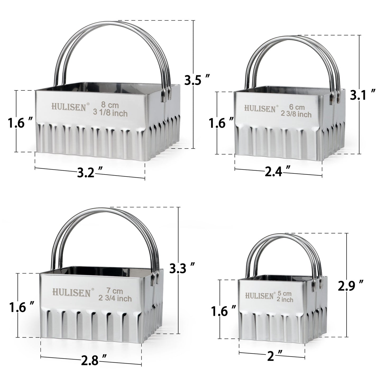 HULISEN Ripple Square Cookie Cutter Set - 4 Pieces, Stainless Steel Biscuit Cutters with Handle