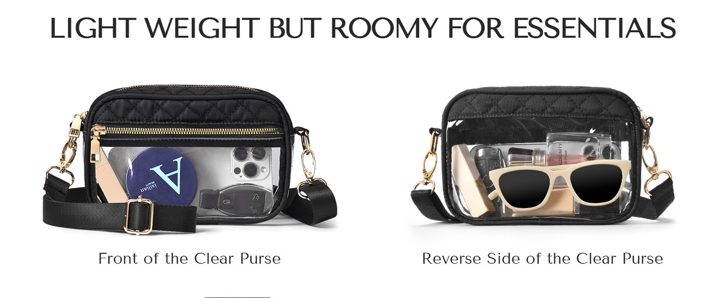 HULISEN Quilted Clear Bag for Stadium Events - with Extra Front Pocket & Adjustable Strap & Gold Zipper