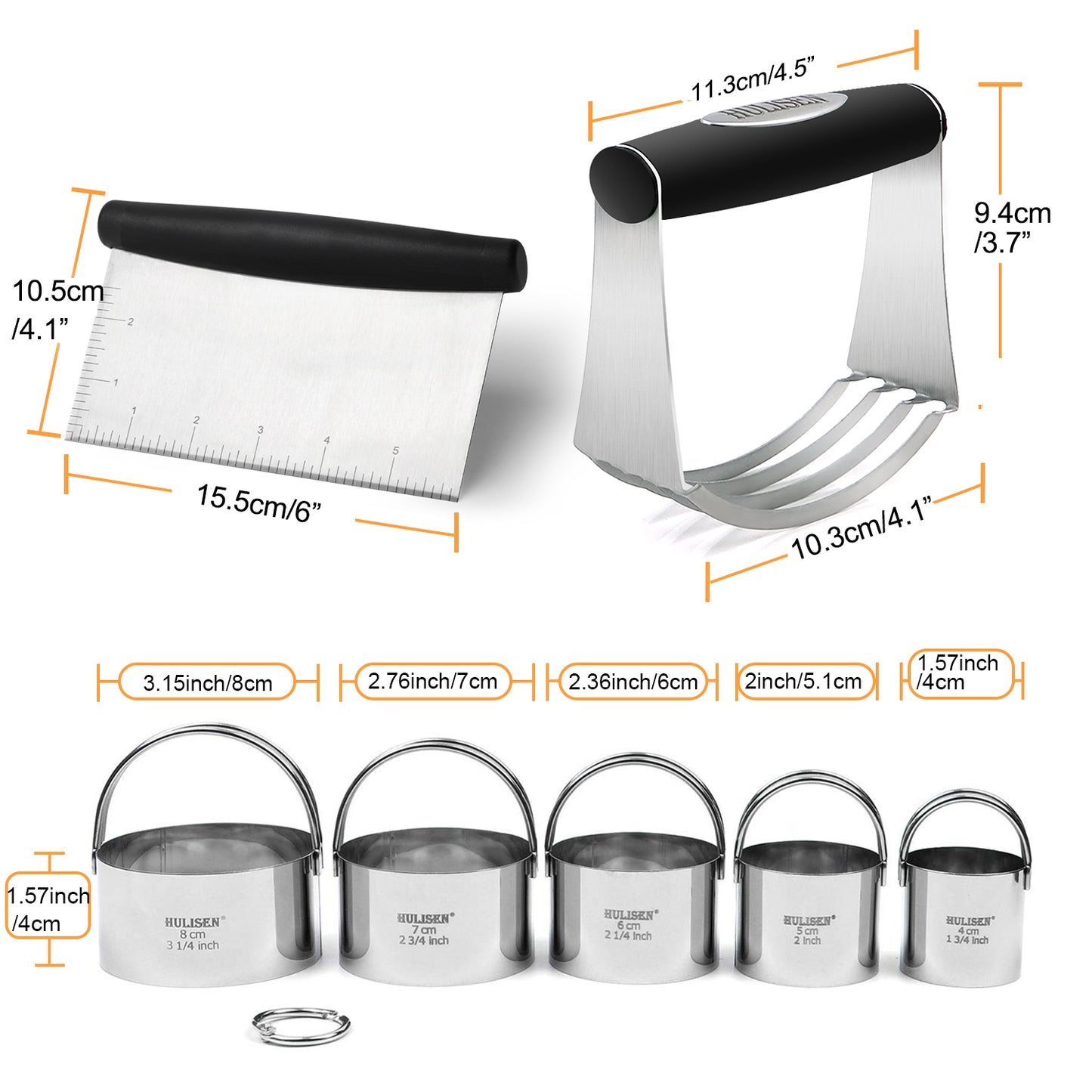 HULISEN Stainless Steel Baking Tool Set - Pastry Scraper & Dough Blender & 5-Piece Biscuit Cutter